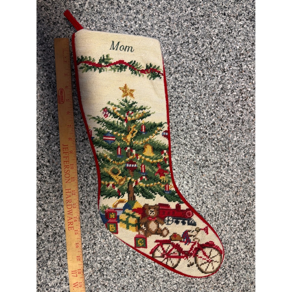 Lands End Needlepoint Christmas Stocking Mom Wool Tree Teddy Bear Red Velvet 18"